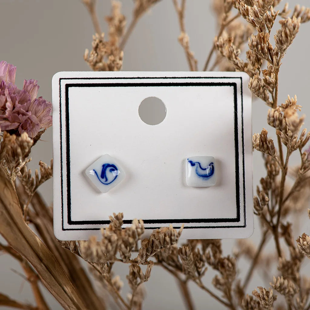 Hand Painted Blue And White Ceramic Earrings 🚚