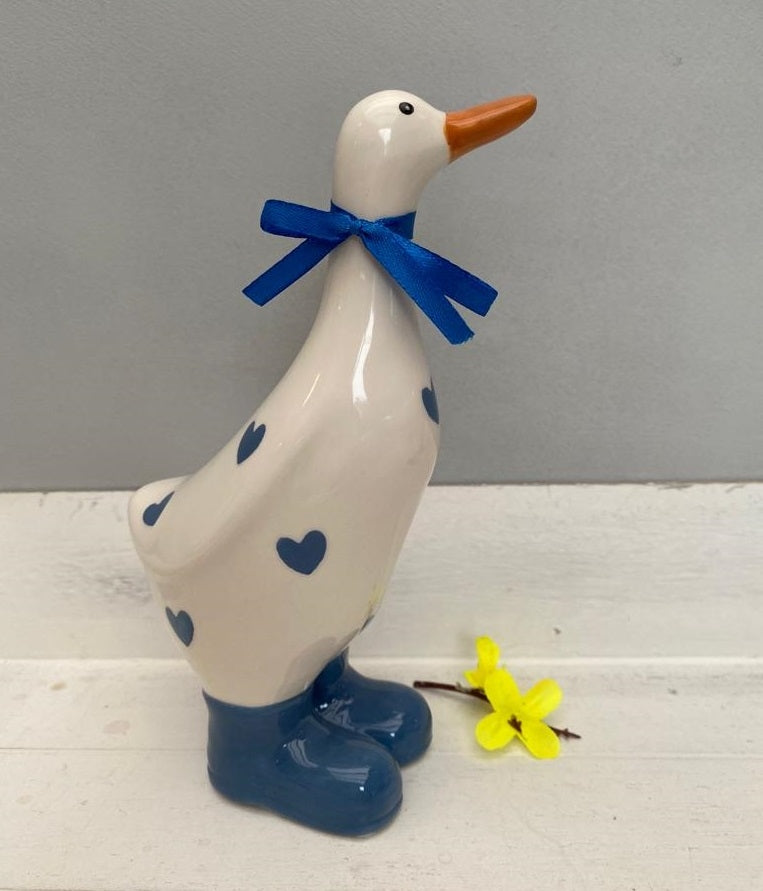 Large Ceramic Polka Dot Duck 19cm - Navy Hearts