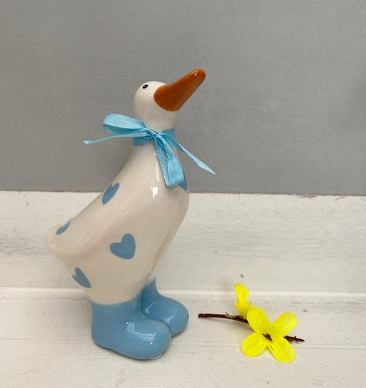 Medium Ceramic Polka Dot Duck 14cm - Blue Hearts