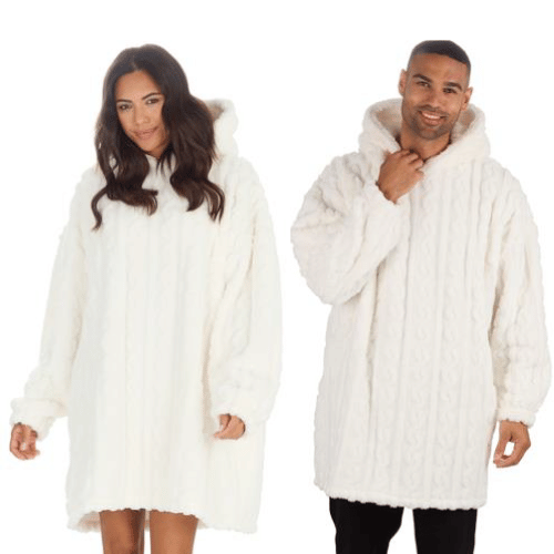 Adults Unisex Sherpa Cable Design Cream Huggable Oversized Hoodie