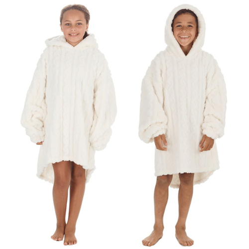 Kids Sherpa Cable Design Cream Oversized Hoodie