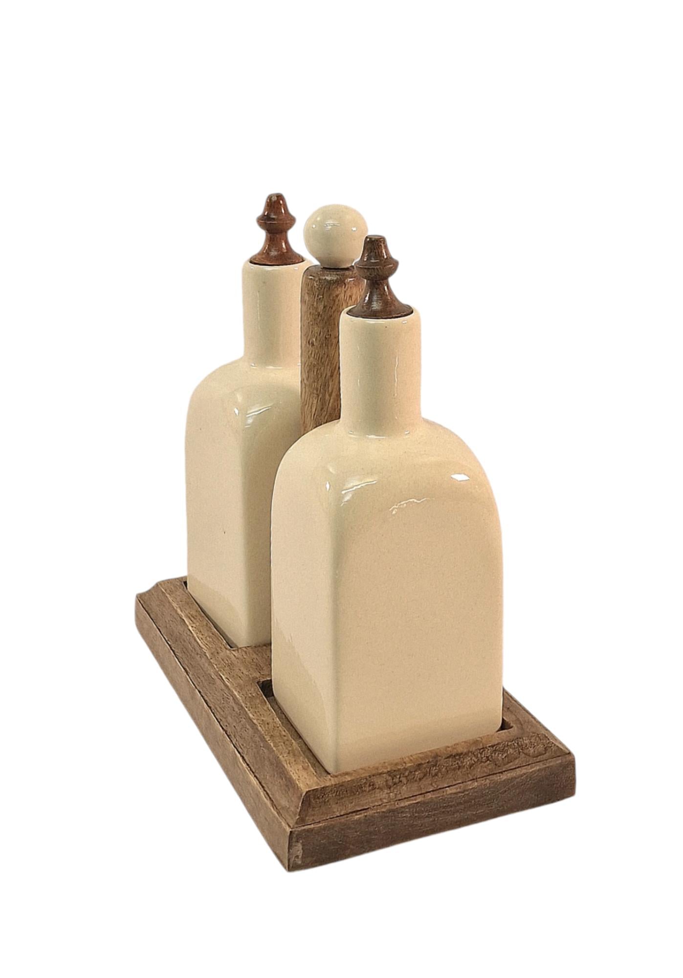 Ceramic Oil and Vinegar (Olio/Aceto) Bottle Set & Mango Wood Holder