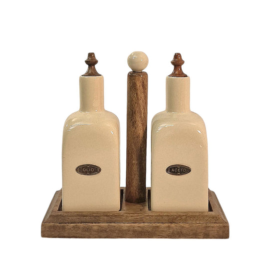 Ceramic Oil and Vinegar (Olio/Aceto) Bottle Set & Mango Wood Holder