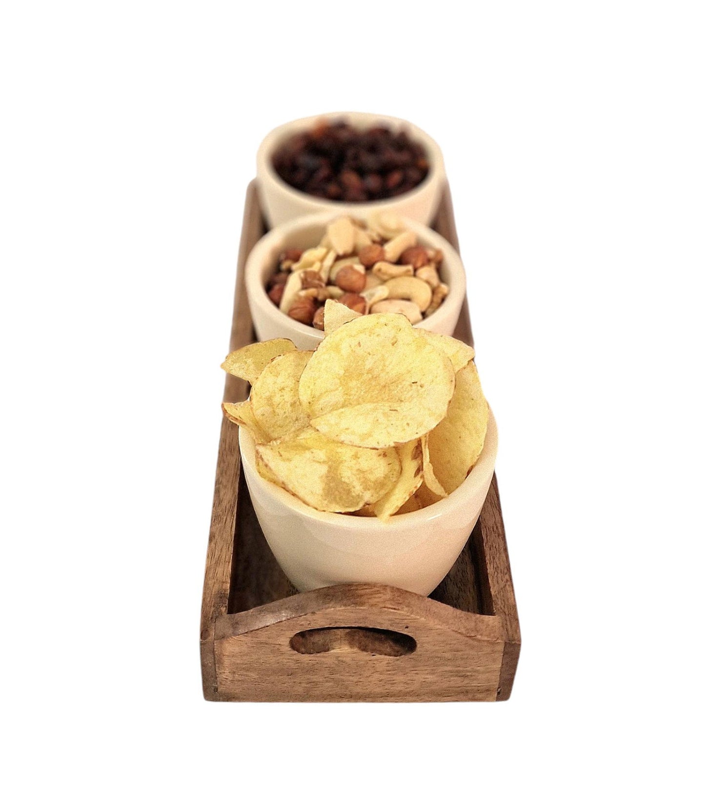 Set of 3 Ceramic Snack/Nibble Bowls with Mango Wood Tray