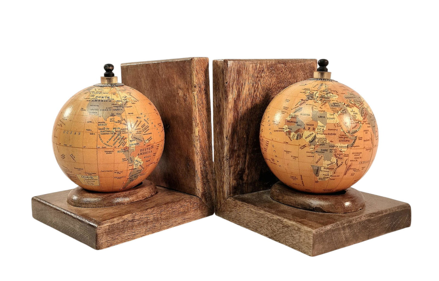 Pair of World Globe Bookends Set in Mango Wood 🚚