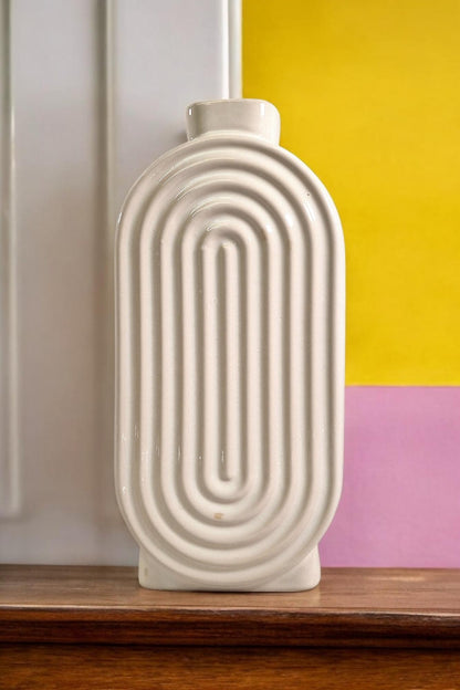 White Ribbed Oval Vase