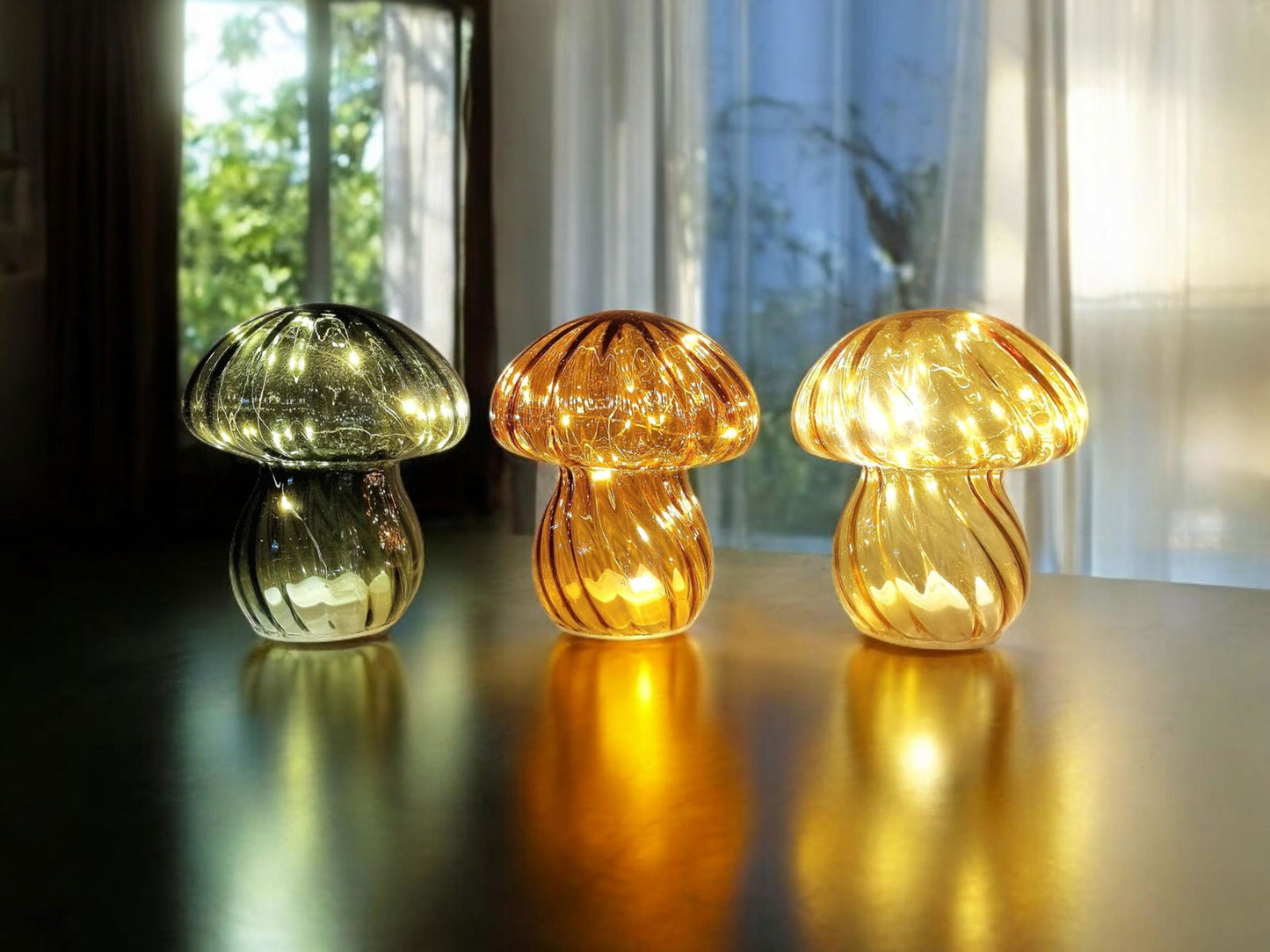 Coloured Glass Mushroom L.E.D Light Set of 3 G/O/Y 🚚