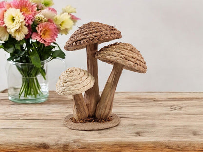 Rattan Trio Mushroom Ornament 21cm 🚚