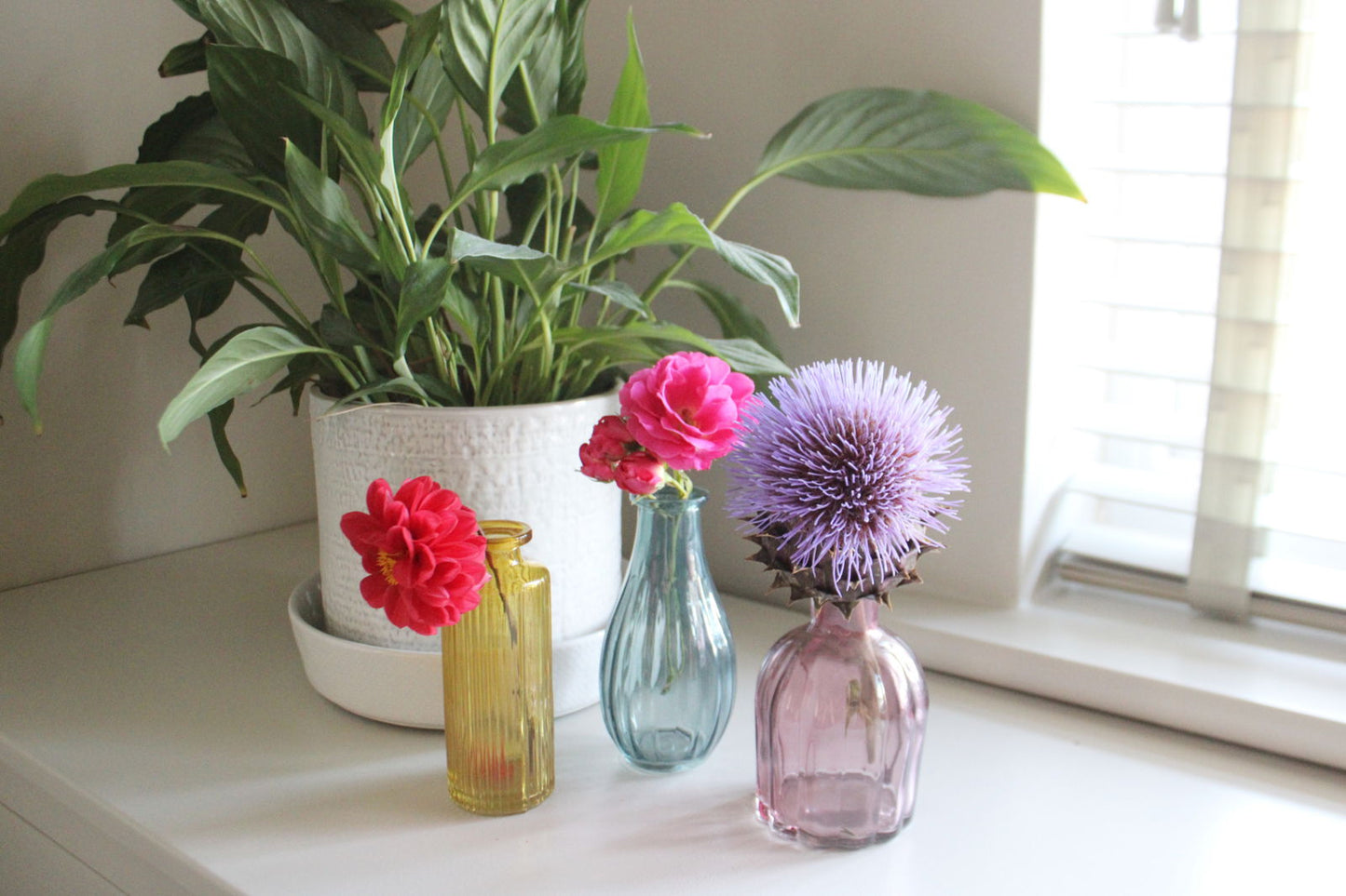 Set of Three Colour Glass Vases