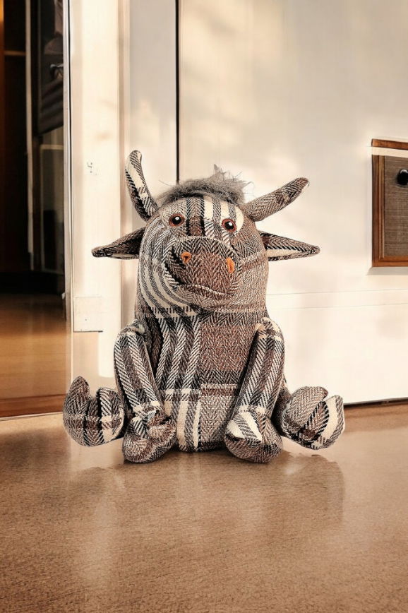 Grey Fabric Tartan Bull Doorstop 30cm 🚚