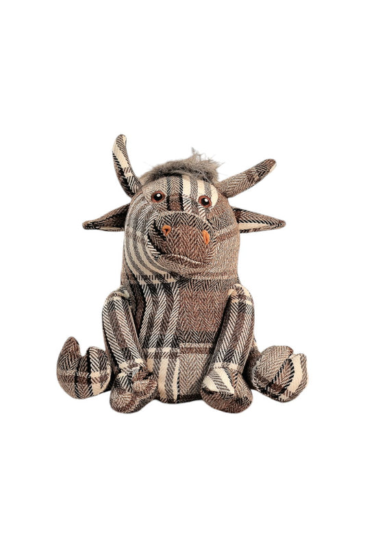 Grey Fabric Tartan Bull Doorstop 30cm 🚚