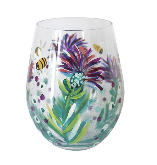 Stemless Hand Painted Bee & Thistle Glass