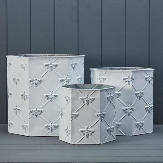 White Hexagonal Zinc Bee Planters Set of Three 🚚