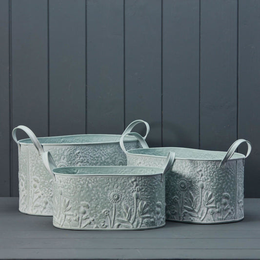 Sage Oval Zinc Planters with Floral Design Set of 3