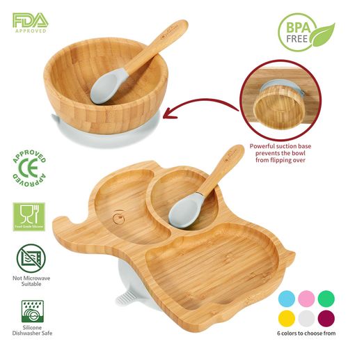 Bamboo Elephant Plate, Bowl & Spoon Set