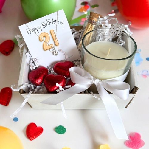 Small 21st Birthday Gold Balloons Gift Hamper - Cubic Zirconia Charm Necklace, Chocolates & Candle