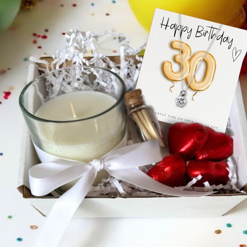 Small 30th Birthday Gold Balloons Gift Hamper - Cubic Zirconia Charm Necklace, Chocolates & Candle