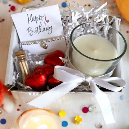 Small Happy Birthday Gift Hamper - Silver Heart Bracelet, Chocolates & Candle