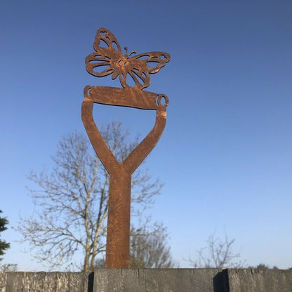 Rusty Metal Butterfly on a Spade Handle Garden Decoration