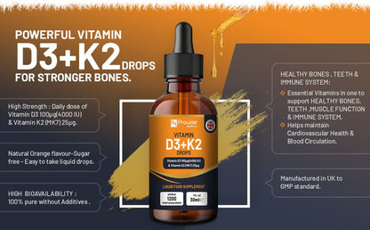 Vitamin D3 4000iu + K2 MK7 25µg Orange Liquid Drops I High Strength 30ml Bottle 🚚