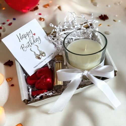 Small Happy Birthday Gift Hamper - Silver Heart Drop Earrings, Chocolates & Candle