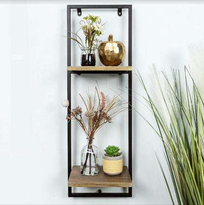 Narrow 2 Tier Dark OAK Floating Wall Shelf with Black Frame 🚚