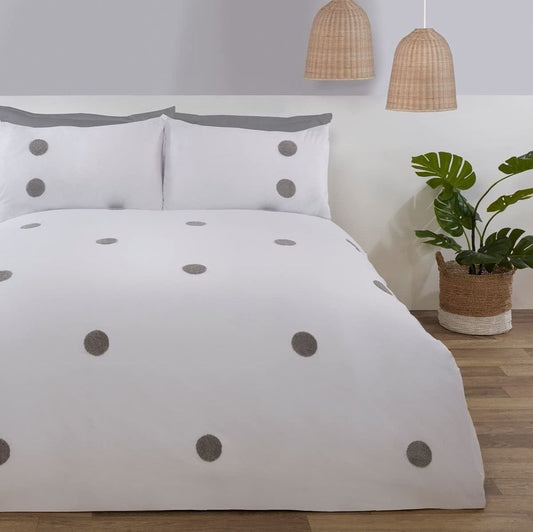 Embroidered Tufted Circles Duvet Cover Set - White & Silver - King