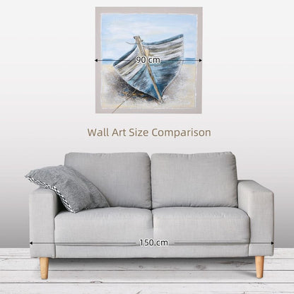 Hand-Painted Wall Art, Canvas Painting Artwork Beach Boat, 90 x 90 cm