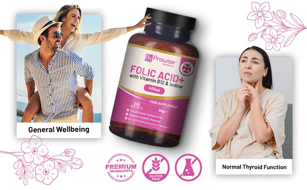 Folic Acid+ 400 mcg - Vegan Tablets with Vitamin B12 & Iodine 🚚