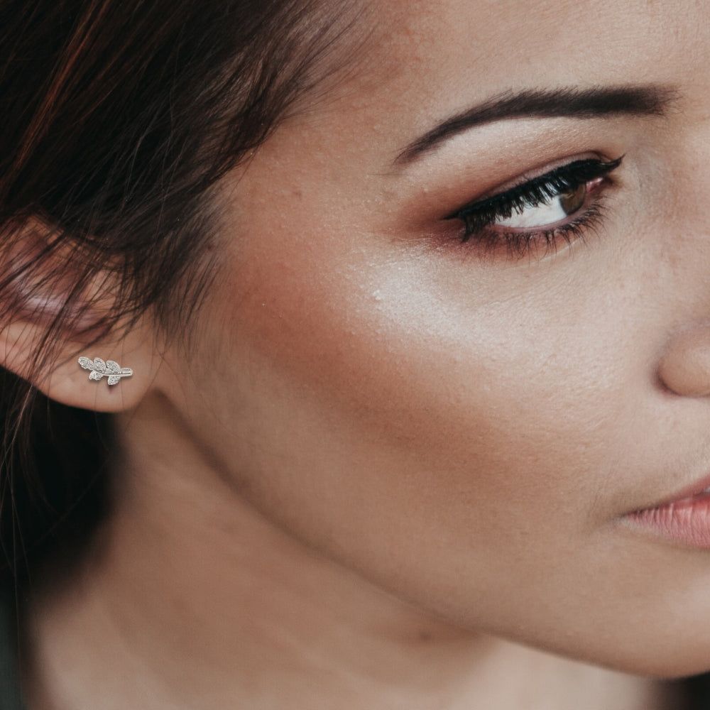 Cubic Zirconia Silver Leaf Stud Earrings