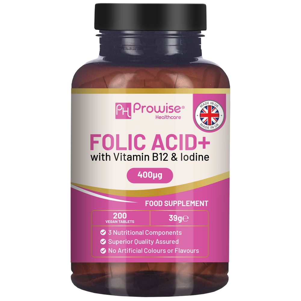 Folic Acid+ 400 mcg - Vegan Tablets with Vitamin B12 & Iodine 🚚