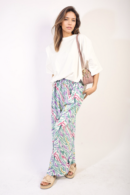 Pleated Wide Leg and Elastic Waist Trousers