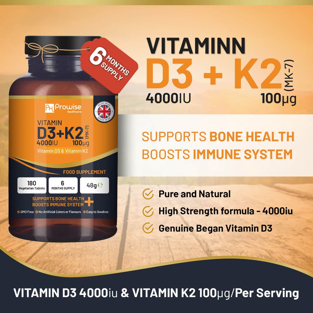 Vitamin D3 4000IU & K2 MK7 100μg Vegetarian 180 Tablets Supplement for Immune Support Calcium Boost, Bone & Muscle by Prowise