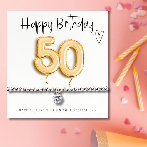 50th Birthday Gold Balloons - Bracelet & Message Card