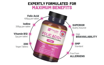 Folic Acid+ 400 mcg - Vegan Tablets with Vitamin B12 & Iodine 🚚