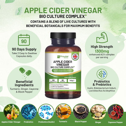 Apple Cider Vinegar with Bio Cultures Complex 1300mg 180 capsules I Vegan I Made in UK by Prowise 🚚