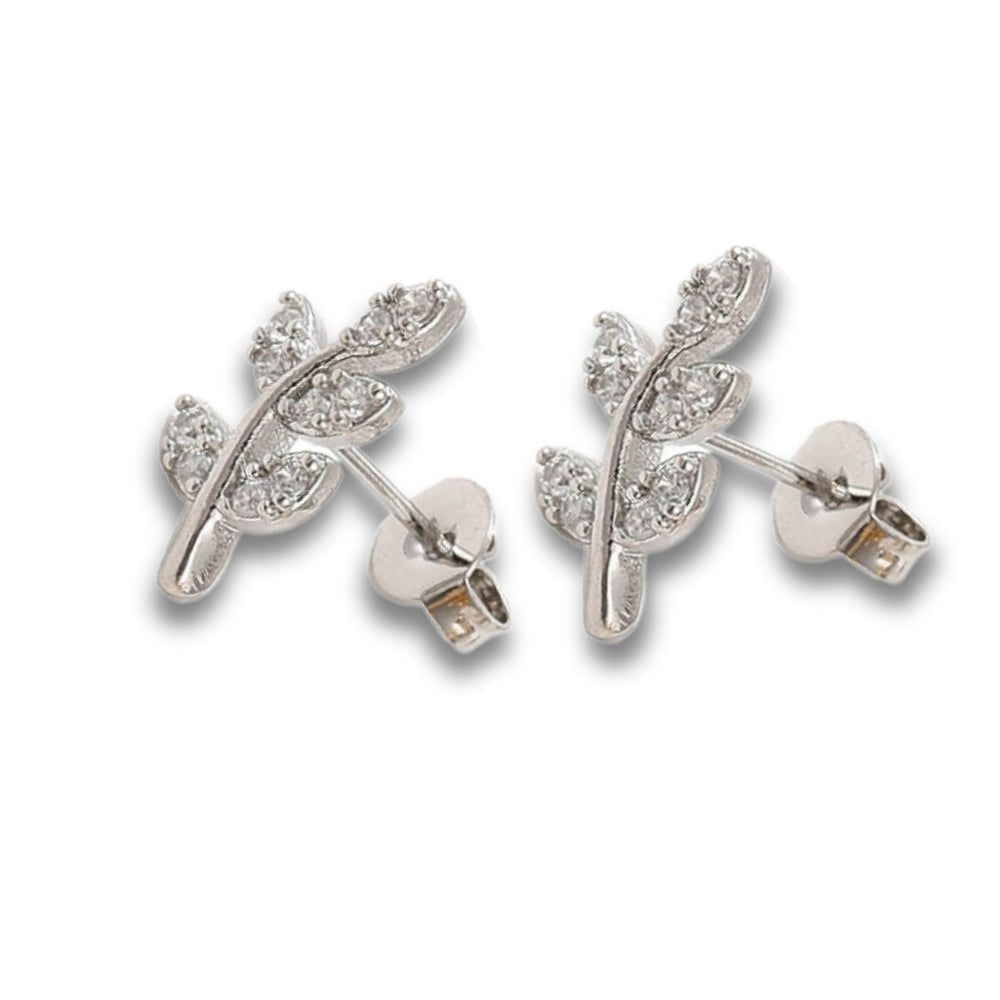 Cubic Zirconia Silver Leaf Stud Earrings