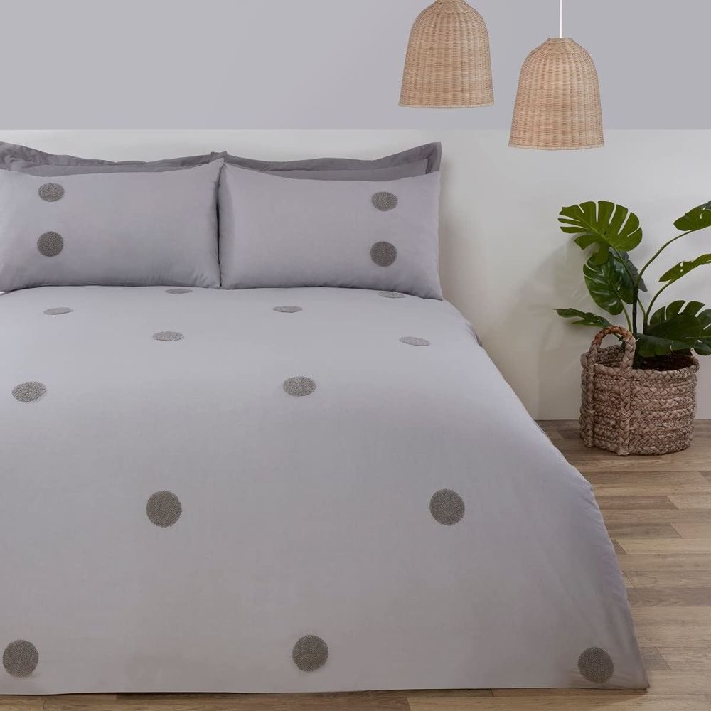 Embroidered Tufted Circles Duvet Cover Set - Grey - King