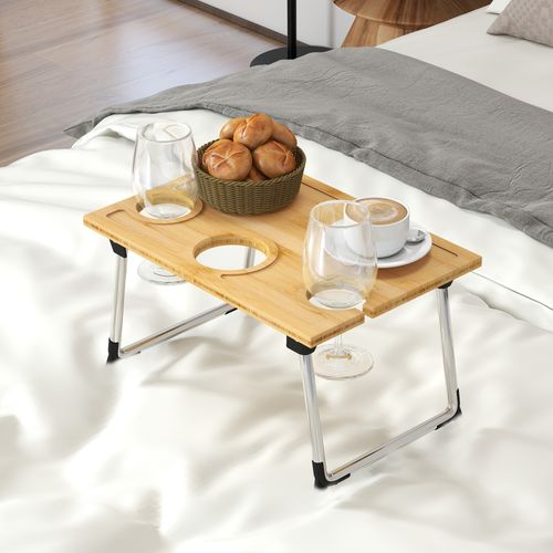 Foldable Wine Table, Bamboo Picnic Table with Bottle Holder, Glass Holder