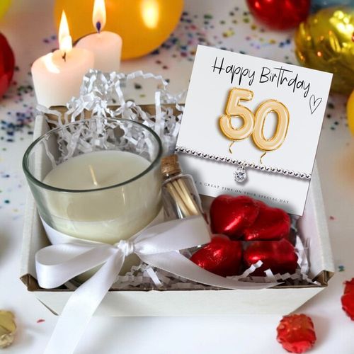 Small 50th Birthday Gold Balloons Gift Hamper - Cubic Zirconia Bracelet, Chocolates & Candle