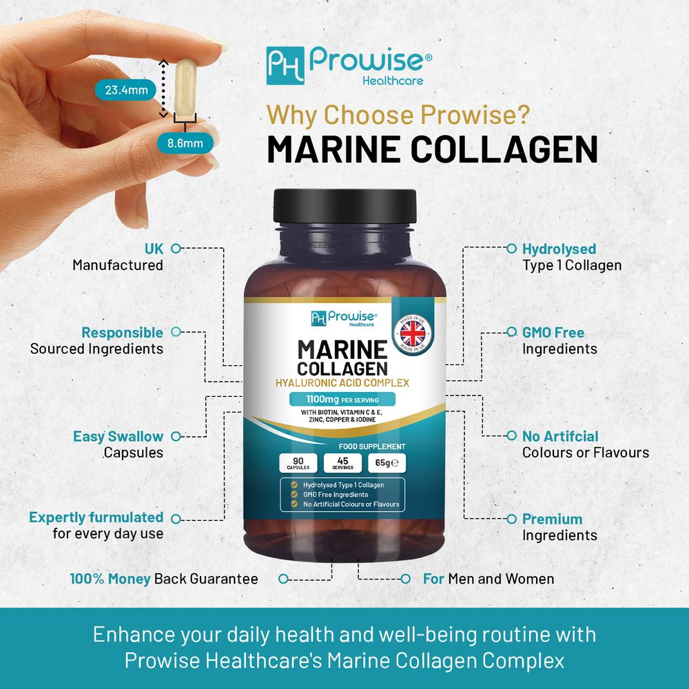 Marine Collagen with Hyaluronic Acid Complex 1100mg  90 Capsules I For Women and Men I Made in UK by Prowise 🚚