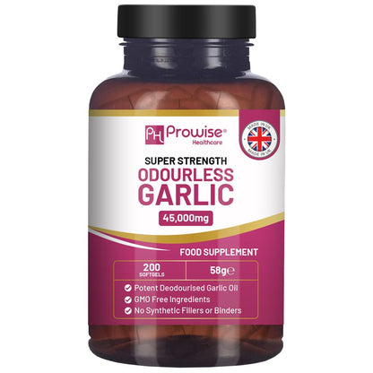 Premium Odourless Garlic Capsules - High Strength 45,000mg - 200 Softgels by Prowise