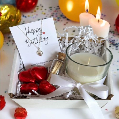 Small Happy Birthday Gift Hamper - Silver Heart Necklace, Chocolates & Candle